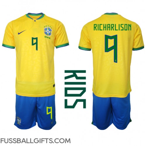Brasilien Richarlison #9 Fußballbekleidung Heimtrikot Kinder WM 2022 Kurzarm (+ kurze hosen)